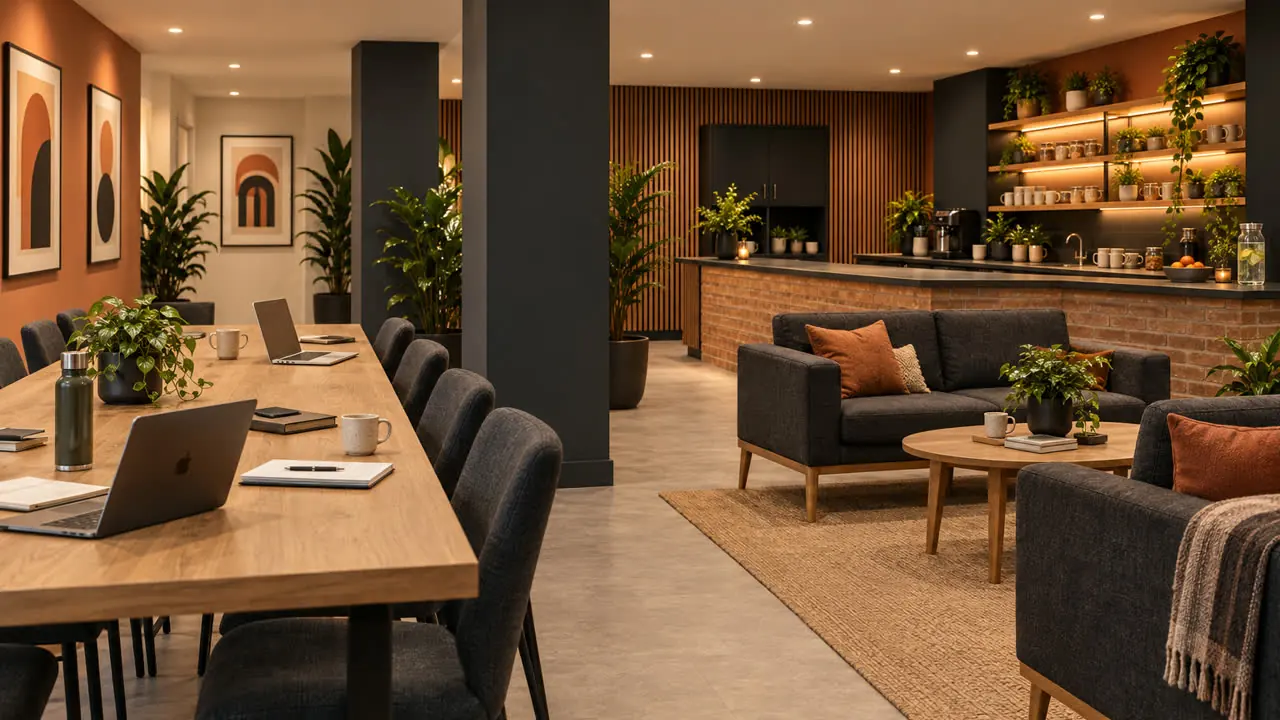 Interior concept showing shared work tables and lounge seating