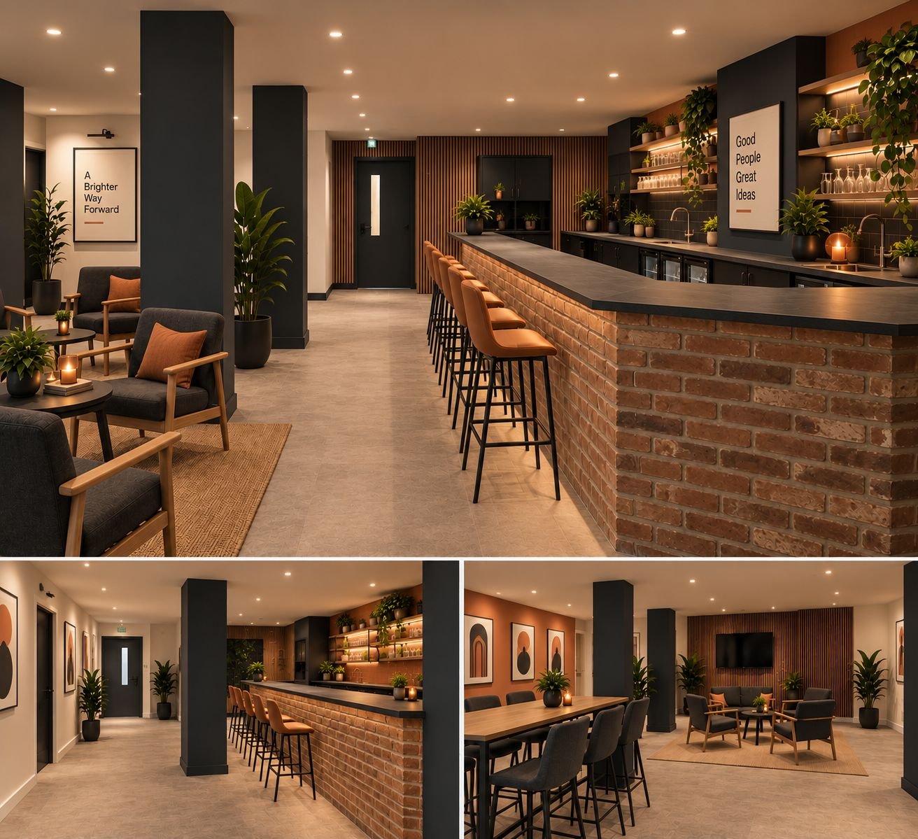 Lounge concept with brick-front refreshments counter, warm lighting and relaxed seating