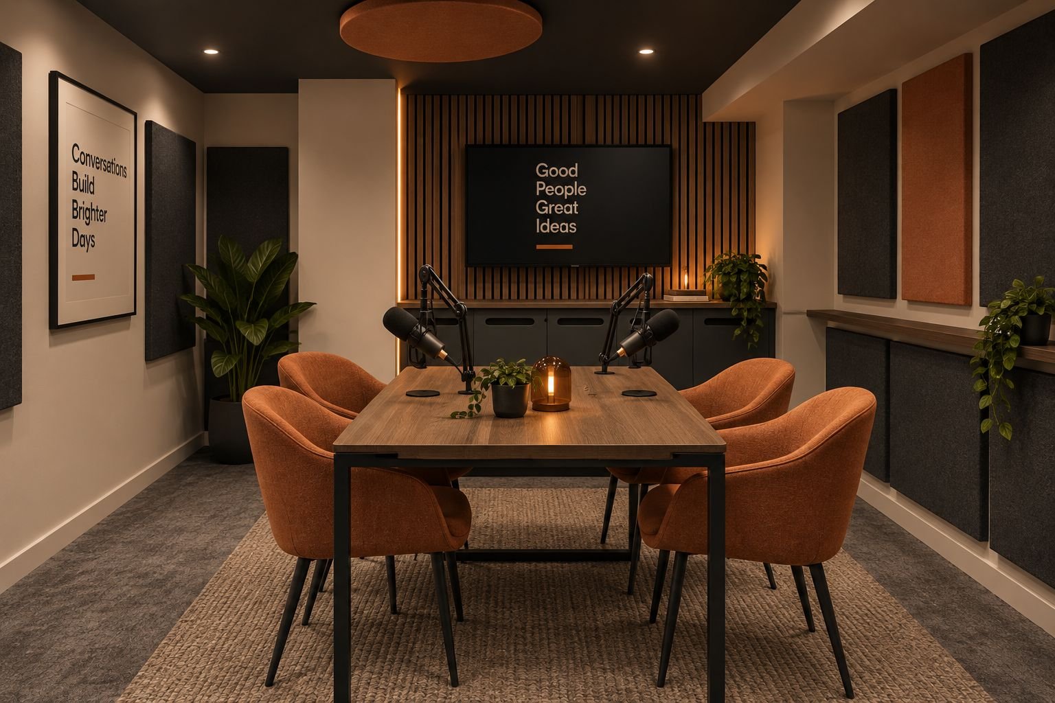 Studio concept with microphones, oak table and terracotta chairs