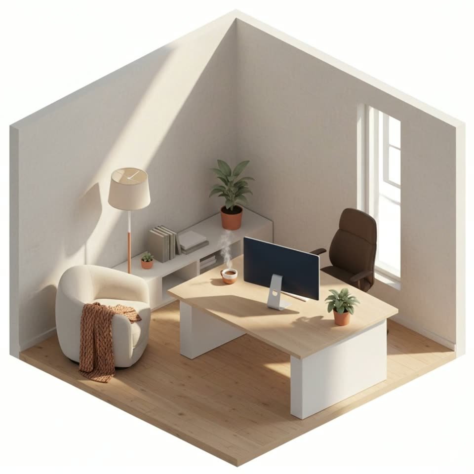 Illustrated workspace corner that builds as you scroll